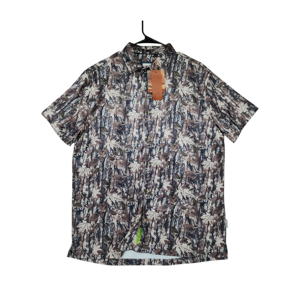 Sovereign Code Camo Shirt M Mens Brown Rigley‎ Tree Bark Short Sleeve Button NEW